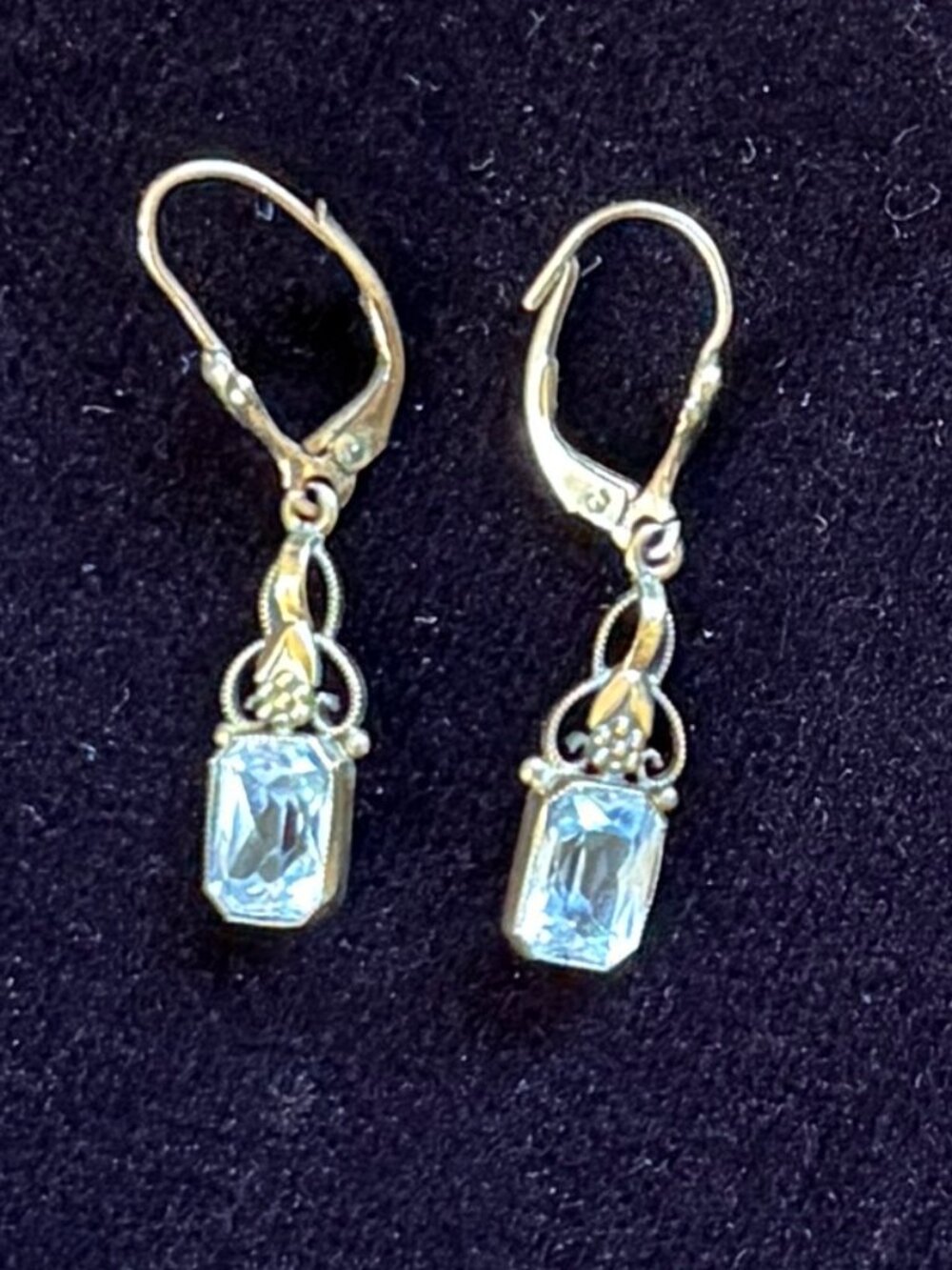 Vintage Spanish 8K Gold Earrings with Pale Blue Emerald-Cut Stones
